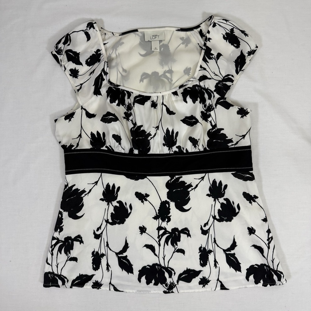 Ann Taylor Loft Women's Cap Sleeve Blouse Size 16‎ Black And White Floral Y2K